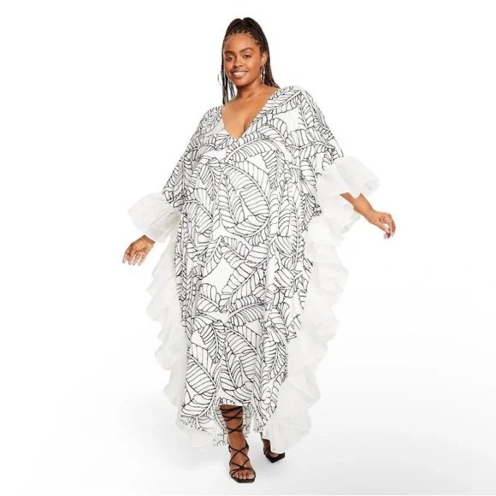 Fe Noel Black and White Leaf Print Kaftan Cover Up